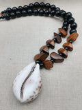 Men Necklace Large Cowrie Shell Beaded Black Wooden Jewelry Ethnic Handmade Statement