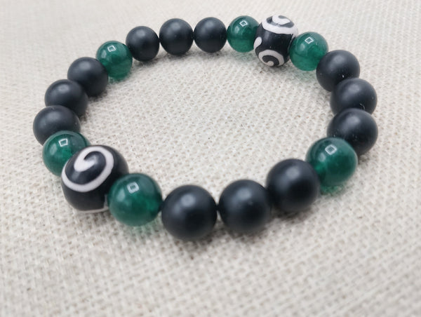Bracelet Jade Green Black Beaded Jewelry Ethnic Stretch Handmade Statement Gift