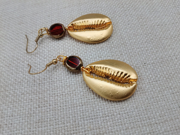 Gold Tone Cowrie Earrings Women Dangle Red Jewelry
