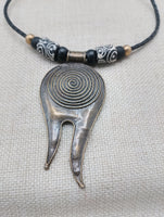 Tribal Necklace Swirl Antique Bronze Black Leather Women's Jewelry Cord Ethnic Large Pendant
