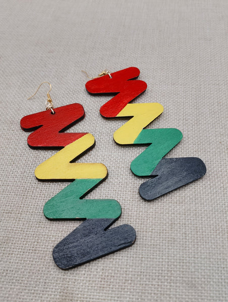 Wooden Rasta Earrings Large Zigzag Red Yellow Green Black Jewelry Handmade Hand Painted
