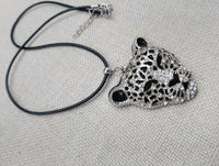 Silver Tone Leopard Jaguar  Necklace Black Cord Jewelry
