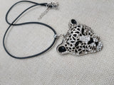 Silver Tone Leopard Jaguar  Necklace Black Cord Jewelry