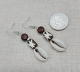 Women Earrings Cowrie African Ethnic Tribal Beaded Wooden Silver Jewelry