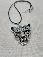 Silver Tone Leopard Jaguar  Necklace Black Cord Jewelry