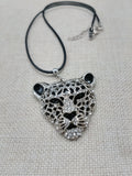 Silver Tone Leopard Jaguar  Necklace Black Cord Jewelry