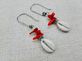 Silver Cowrie Earrings Red Beaded Jewelry Women Ethnic Unique Handmade