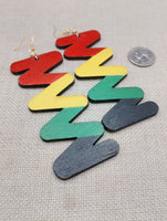 Wooden Rasta Earrings Large Zigzag Red Yellow Green Black Jewelry Handmade Hand Painted