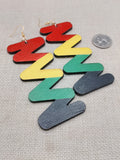 Wooden Rasta Earrings Large Zigzag Red Yellow Green Black Jewelry Handmade Hand Painted