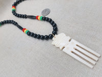 Men's African Necklace Rasta Ghana Beaded Jewelry Duafe Adinkra Black Handmade