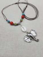 Silver Elephant Pendant Colorful Dangle Necklace Red Blue Green Cowrie Adjustable Women Jewelry
