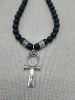 Silver Ankh Pendant Necklace Black Beaded Egyptian Ethnic Jewelry Unisex