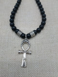 Silver Ankh Pendant Necklace Black Beaded Egyptian Ethnic Jewelry Unisex