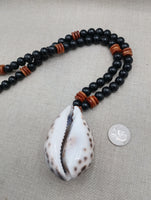Men Necklace Cowrie Shell Jewelry Black Brown Wood Beaded Ethnic Handmade