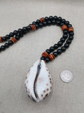Men Necklace Cowrie Shell Jewelry Black Brown Wood Beaded Ethnic Handmade