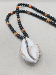 Men Necklace African Cowrie Shell Jewelry Black Beaded Orange Krobo Handmade Gift Ideas