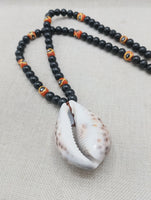 Men Necklace African Cowrie Shell Jewelry Black Beaded Orange Krobo Handmade Gift Ideas