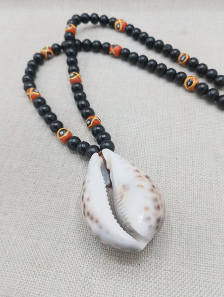 Men Necklace African Cowrie Shell Jewelry Black Beaded Orange Krobo Handmade Gift Ideas