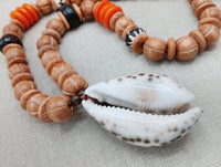 Large Cowrie Shell Necklace Men Jewelry Beaded Orange Wood Brown Gift Handmade