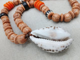 Large Cowrie Shell Necklace Men Jewelry Beaded Orange Wood Brown Gift Handmade