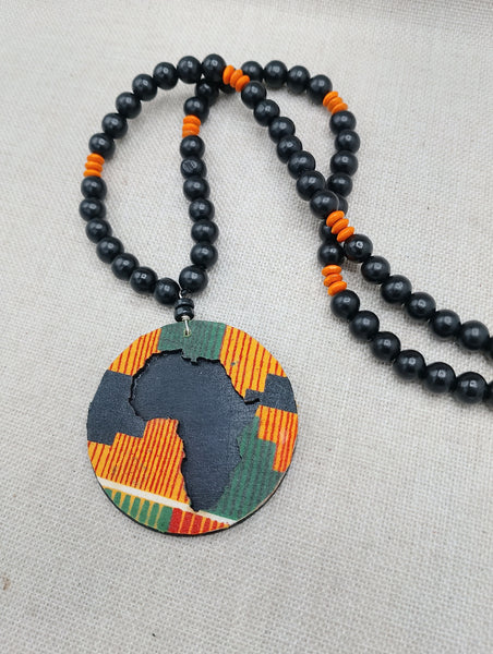 African Kente Necklace Pendant Black Orange Beaded Original Jewelry Handmade Statement Gift Idea Men Women
