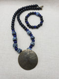 Round Antique Brass Pendant Black Blue Beads Jewelry Set Women Statement