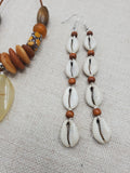Women Necklace Set Glass Brown Pendant Leather Jewelry Set Earrings Cowrie Ethnic Danlge