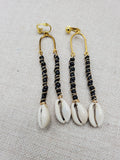 Women Clip On Earrings Black Gold Cowrie Long Dangle Beaded Jewelry Non Pierced