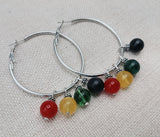 Women Silver Hoop Earrings Round Rasta Beaded Jewelry Red Yellow Green Black