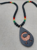 African Adinkra Sankofa Bird Necklace Women Men Wooden Beaded Black Red Yellow Green