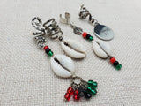Pan African Locs Hair Jewelry Dangle Silver Red Black Green Beaded Proverbs 3:5 Cowrie