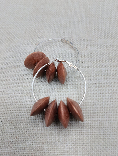Women's Silver Hoop Earrings Wooden Beads Jewelry Ethnic Handmade