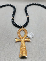 Gold Tone Ankh Necklace Men Jewelry Wire Wrapped Beaded Black Large Gift Idea