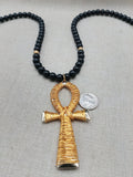 Gold Tone Ankh Necklace Men Jewelry Wire Wrapped Beaded Black Large Gift Idea
