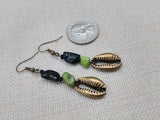 Cowrie Earrings Beaded Jewelry Green Brass Dangle Ethnic