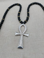 Silver Ankh Pendant Necklace Beaded Black Yellow Green Jamaica Inspired Egyptian Statement