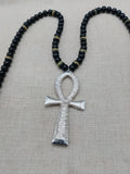Silver Ankh Pendant Necklace Beaded Black Yellow Green Jamaica Inspired Egyptian Statement