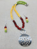 Women Jewelry Set Rasta Earrings Necklace Silver Pendant Beaded Red Yellow Green