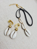 Women Jewelry Set Cowrie Necklace Clip On Earrings Gold Non Pierced Dangle Gift Set Birthday