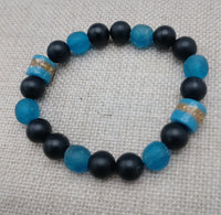Blue Bracelet Black Beaded Glass Ethnic African Krobo Stone Unisex Jewelry Stretch Size 7