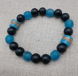 Blue Bracelet Black Beaded Glass Ethnic African Krobo Stone Unisex Jewelry Stretch Size 7