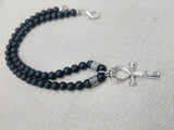 Silver Ankh Pendant Necklace Black Beaded Egyptian Ethnic Jewelry Unisex