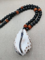 Men Necklace Cowrie Shell Jewelry Black Brown Wood Beaded Ethnic Handmade
