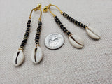 Women Clip On Earrings Black Gold Cowrie Long Dangle Beaded Jewelry Non Pierced