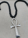 Silver Ankh Wire Wrapped Large Men Necklace Jewelry Black Beaded Statement