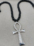 Silver Ankh Wire Wrapped Large Men Necklace Jewelry Black Beaded Statement
