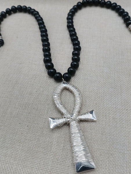 Silver Ankh Wire Wrapped Large Men Necklace Jewelry Black Beaded Statement