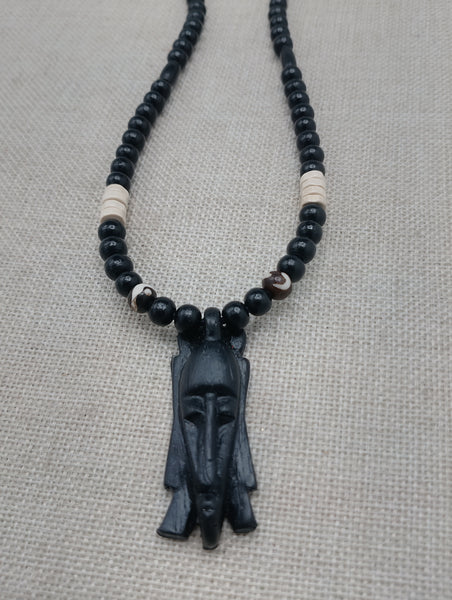 Men's Jewelry African Face Pendant Beaded Necklace Black Brown Handmade