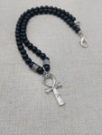 Silver Ankh Pendant Necklace Black Beaded Egyptian Ethnic Jewelry Unisex