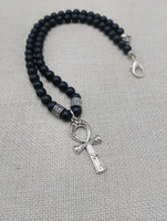 Silver Ankh Pendant Necklace Black Beaded Egyptian Ethnic Jewelry Unisex